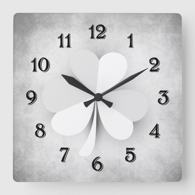 Light Gray Clover with Heart Shaped Leaves Irish Square Wall Clock (Front)