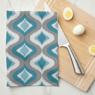 Light Gray Dark Teal Blue Green Ikat Ogee Pattern Tea Towel