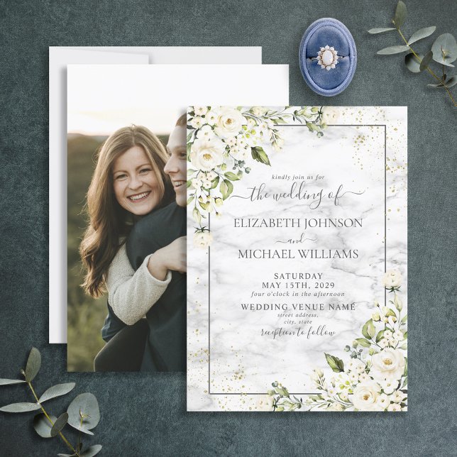 Light Gray White Floral Gold Script Photo Wedding Invitation (Creator Uploaded)