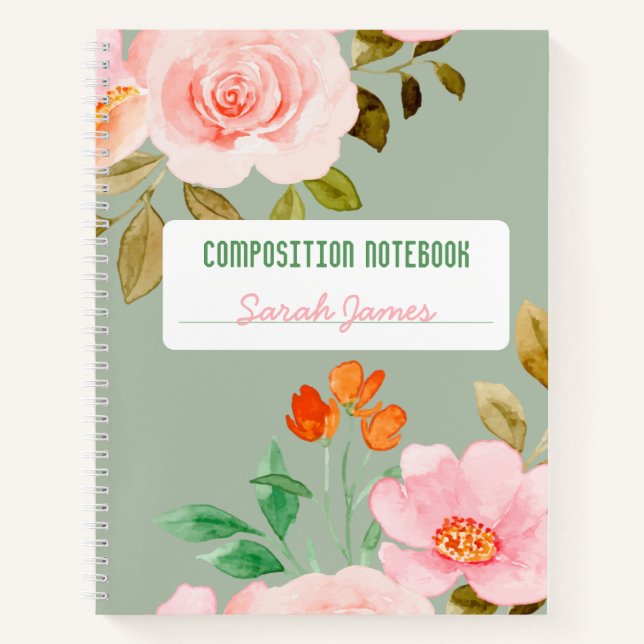 Light Gree Floral Personalised Composition Journal (Front)