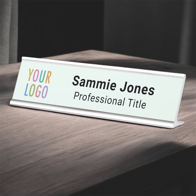 Light Green 2x8 Desk Nameplate with Business Logo (MISOOK Mint Green Name Plate with Logo)