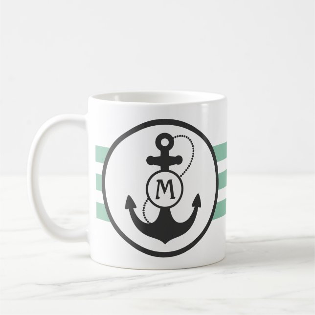 Light Green and Navy Blue Nautical Anchor Coffee Mug (Left)