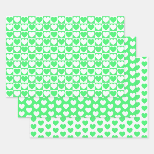 Light Green and White Hearts Wrapping Paper Sheet (Set)