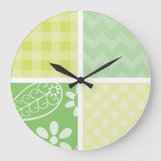 Light Green and Yellow Cute Chequered Large Clock (Front)