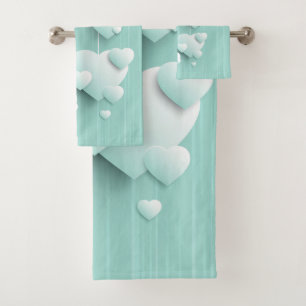 Light green background with 3D white hearts  Bath Towel Set