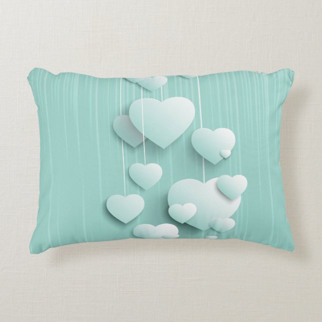 Light green background with 3D white hearts   Decorative Cushion (Front)