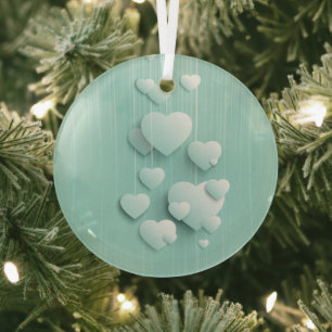 Light green background with 3D white hearts  Glass Tree Decoration