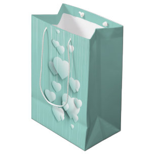 Light green background with 3D white hearts Medium Gift Bag