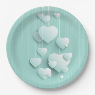 Light green background with 3D white hearts Paper Plate