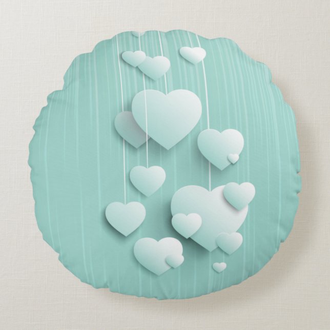 Light green background with 3D white hearts   Round Cushion (Front)