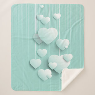 Light green background with 3D white hearts Sherpa Blanket