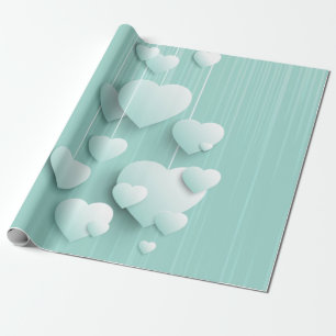 Light green background with 3D white hearts Wrapping Paper