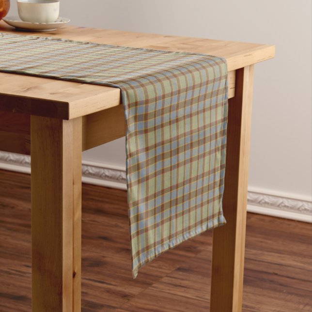 Light Green Blue Brown Plaid Tartan Table Runner (In Situ)