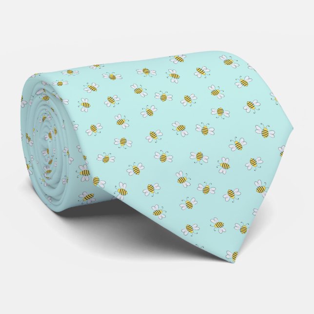 Light Green Bumblebee Seamless Pattern Tie (Rolled)