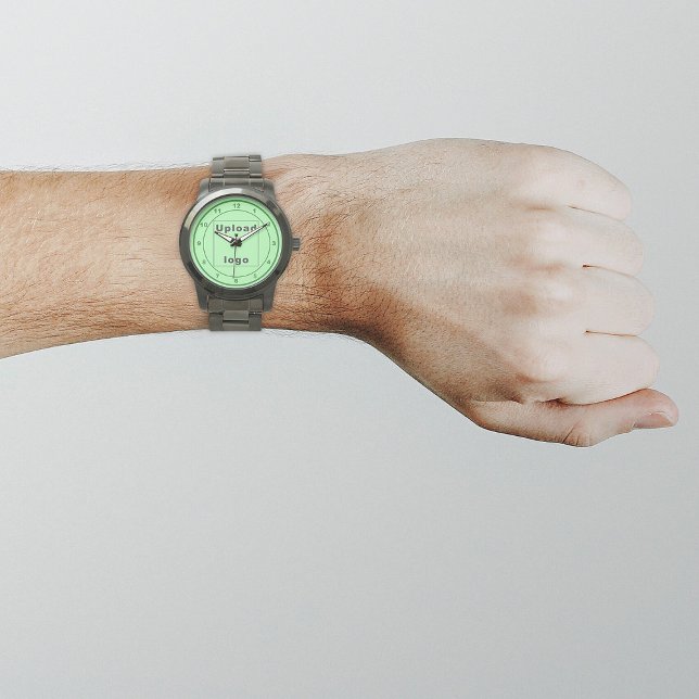 Light Green Business Brand on Men's Watch (Your business logo with light green background on men's watch.)
