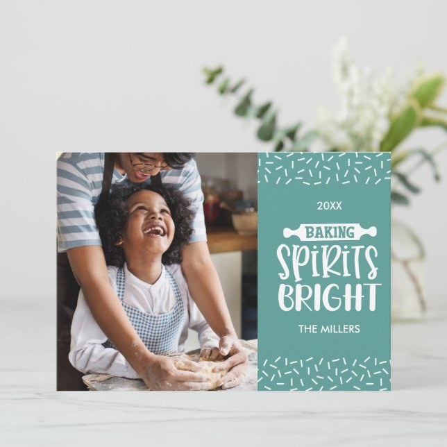 Light Green  Christmas Baking Spirits Bright Photo Holiday Card (Standing Front)