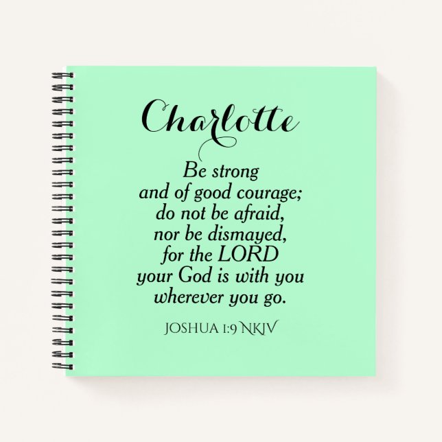 Light Green Courage Bible Verse Custom Name Simple Notebook (Front)
