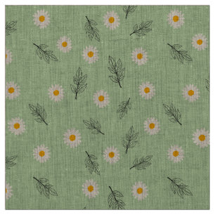 Light Green Daisy Botanical Natural Linen Fabric