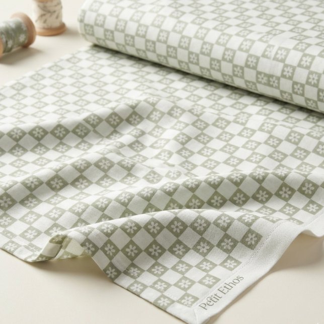 Light Green Daisy Chequerboard Combed Cotton Fabric (Creator Uploaded)