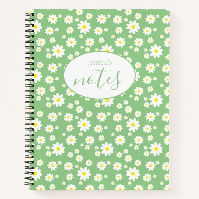 Light Green Daisy Flower Pattern Custom Name Notebook (Front)