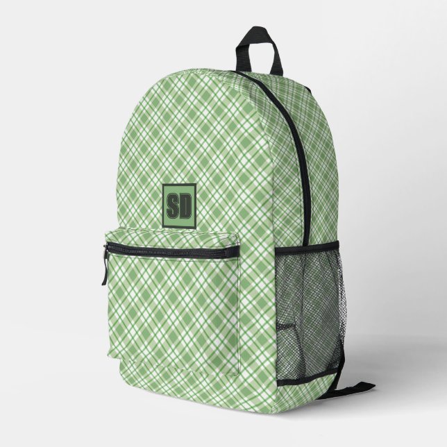 Light green diagonal check pattern printed backpack (Back Corner Right)