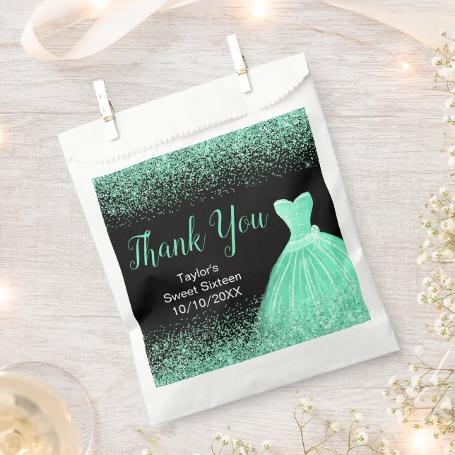 Light Green Dress Faux Glitter Sweet 16 Birthday Favour Bags (Clipped)