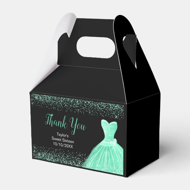 Light Green Dress Faux Glitter Sweet 16 Birthday Favour Box (Front Side)