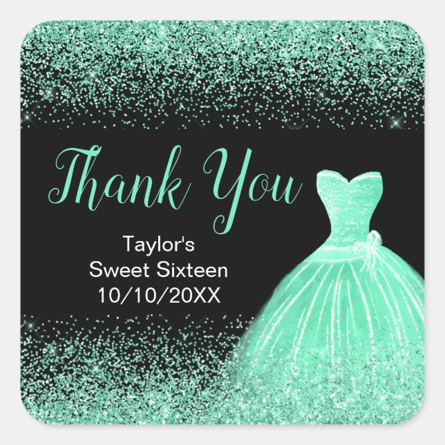 Light Green Dress Faux Glitter Sweet 16 Birthday Square Sticker (Front)