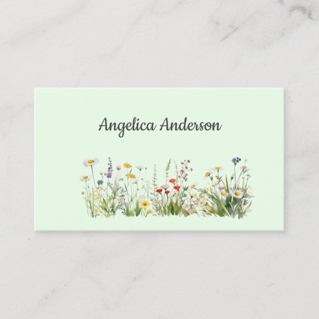 Light green Feminine Watercolor Wildflowers Meadow Business Card (Front)
