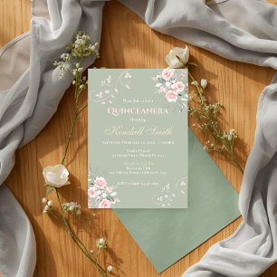 Light Green Floral Pink Quinceanera Invitation