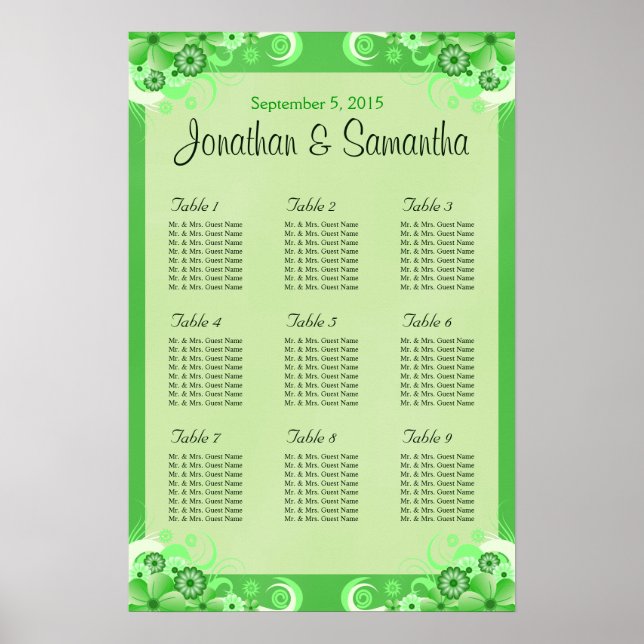 Light Green Floral Wedding Table Seating Chart (Front)