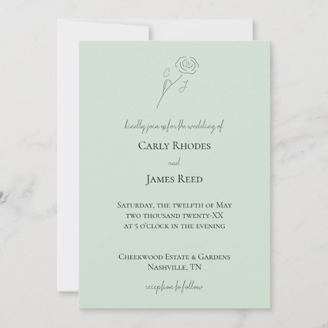 Light Green Flower Line Art Monogram Wedding Invitation (Front)
