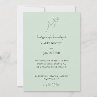 Light Green Flower Line Art Monogram Wedding Invitation