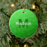 Light green geometric mesh pattern Monogram Ceramic Tree Decoration<br><div class="desc">Light green ombre geometric mesh pattern Monogram Ceramic Christmas tree Ornament. Monogram Personalise with your custom initial and name. Triangle geometric mesh with light dark green ombre gradient modern design.</div>