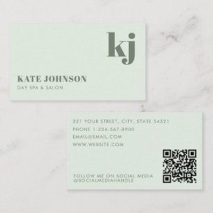 Light Green Girly Day Spa Salon Initials QR Code Business Card