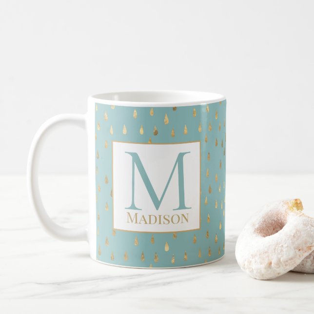 Light Green Gold Raindrop Modern Trendy Monogram Coffee Mug (With Donut)