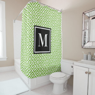 Light Green Greek Key Black White Monogram Shower Curtain