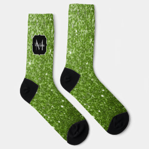 Light green greenery faux glitter sparkle Monogram Socks