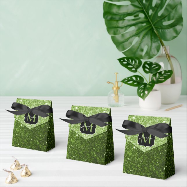 Light green greenery glitter sparkles Monogram Favour Box (Multiple)
