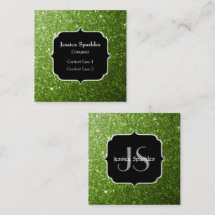 Light green greenery glitter sparkles Monogram Square Business Card