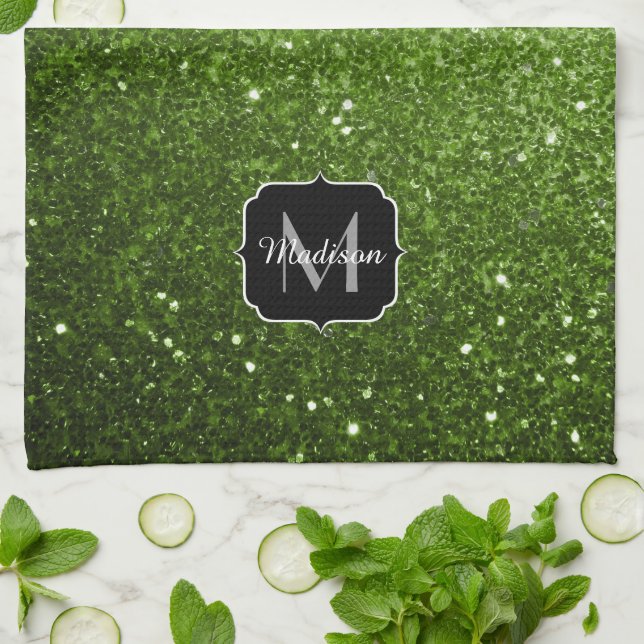 Light green greenery glitter sparkles Monogram Tea Towel (Folded)