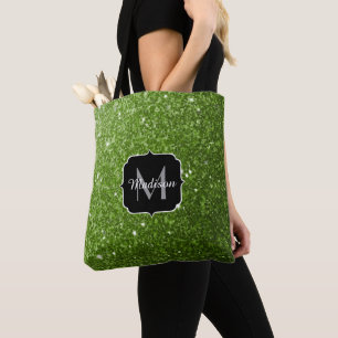 Light green greenery glitter sparkles Monogram Tote Bag