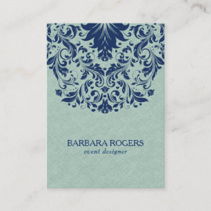 Light-Green Linen Texture Blue Floral Lace Business Card