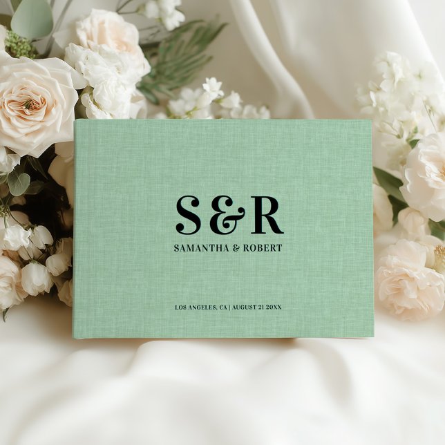 Light Green Linen Wedding Monogram Guest Book (Creator Uploaded)