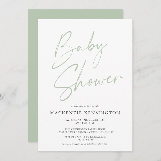 Light Green Minimalist Modern Script Baby Shower Invitation (Front/Back)