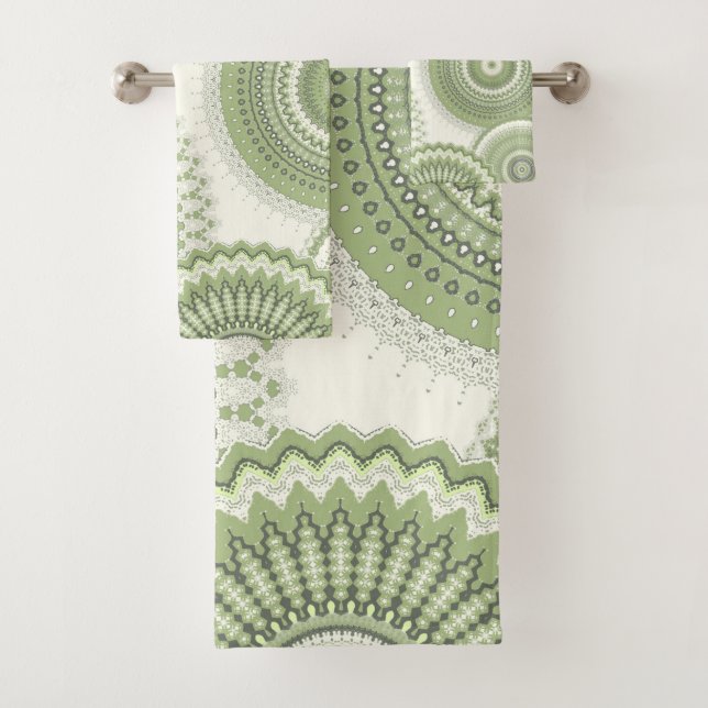 Light Green Multi Mandala  Bath Towel Set (Insitu)