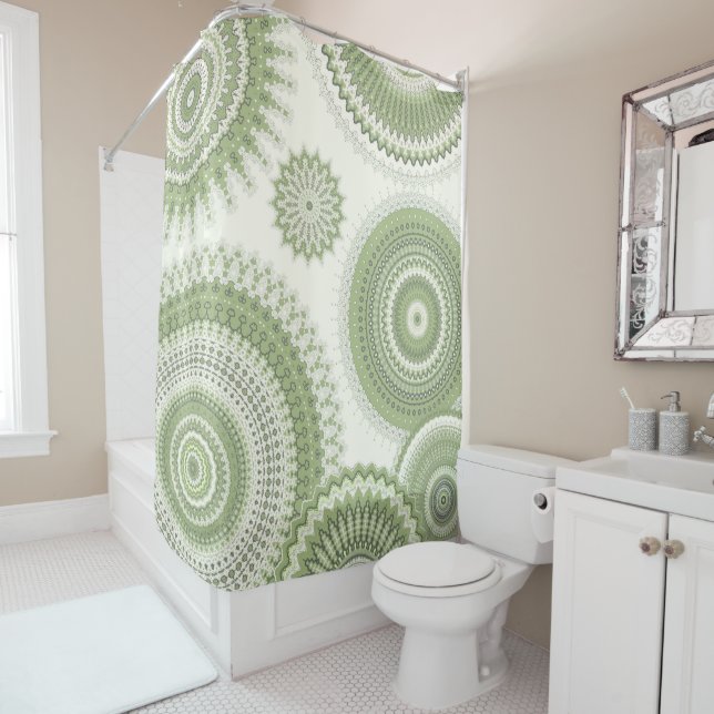 Light Green Multi Mandala Design Shower Curtain (In Situ)