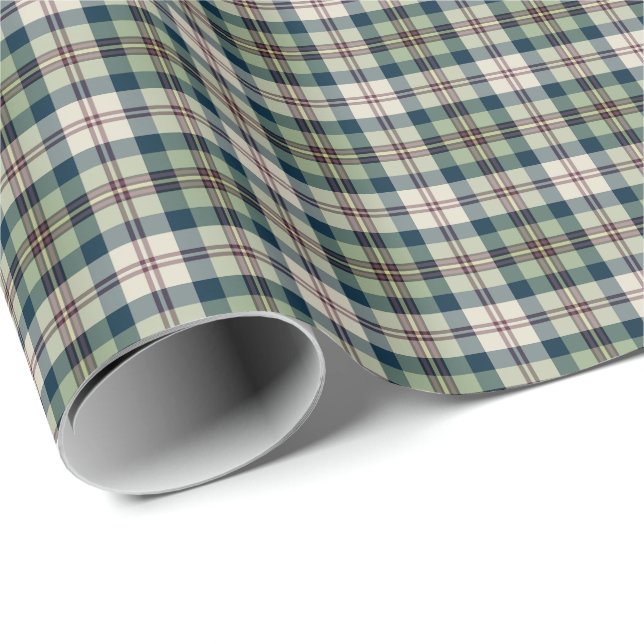 Light Green, Navy Blue, and Cream Plaid Wrapping Paper (Roll Corner)