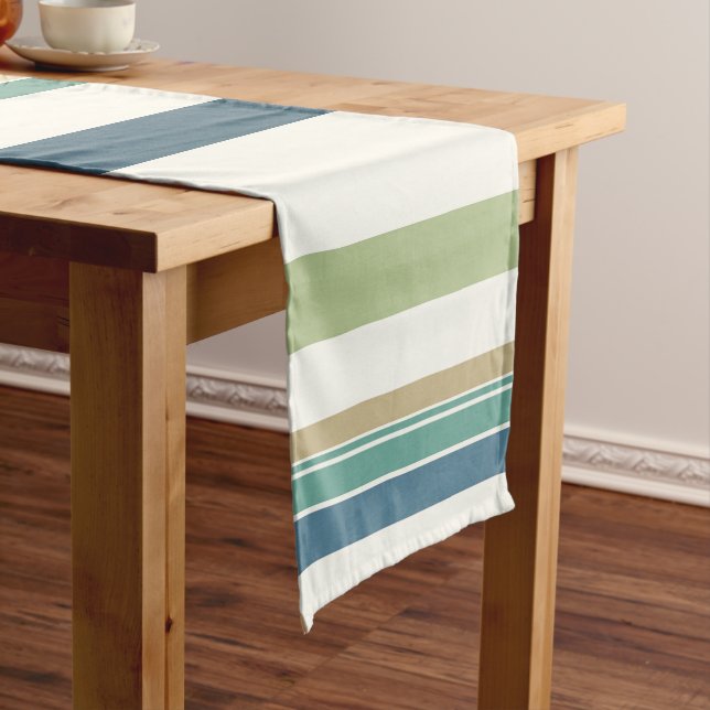 Light Green Navy Blue Stripes Short Table Runner (In Situ)