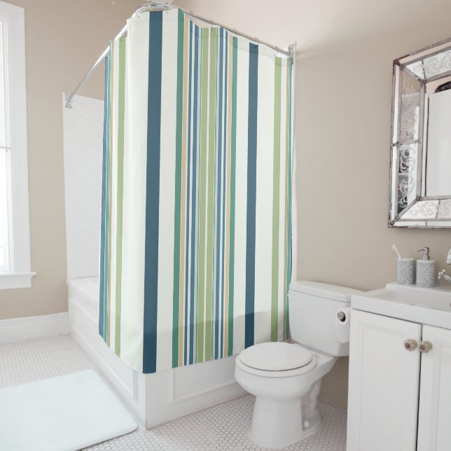 Light Green Navy Blue Stripes Shower Curtain (In Situ)